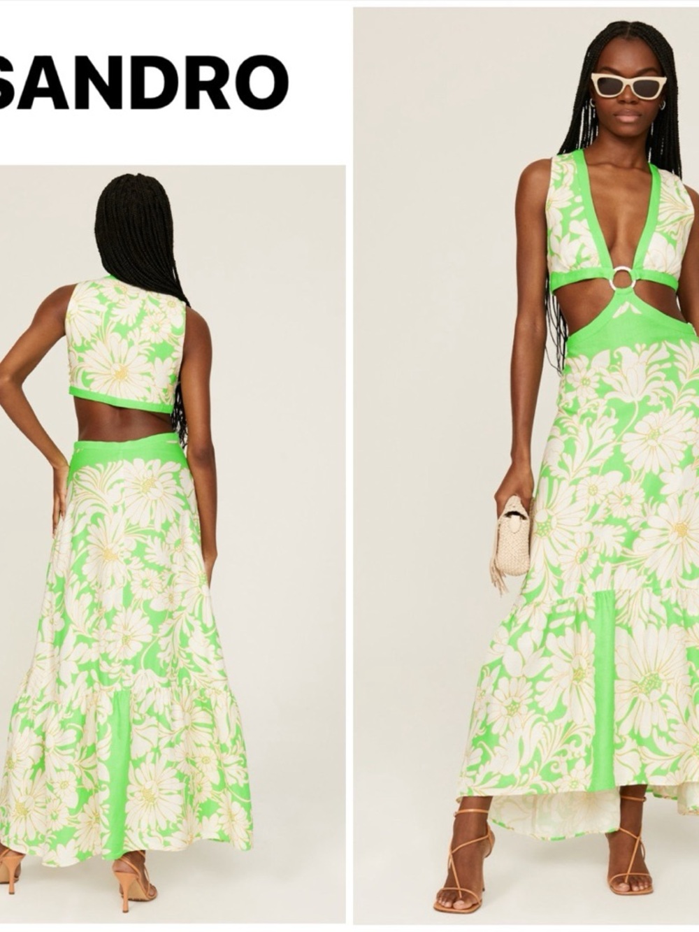 Sandro Green and Cream Floral High-Low Maxi Dress with Cutout Ring